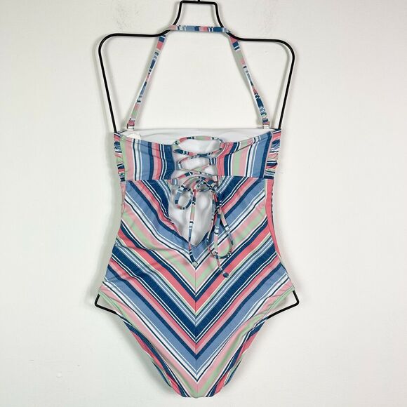 Splendid NWT Blue Pink Striped Holding Pattern Bandeau One-Piece Swimsuit Size M - Picture 4 of 9